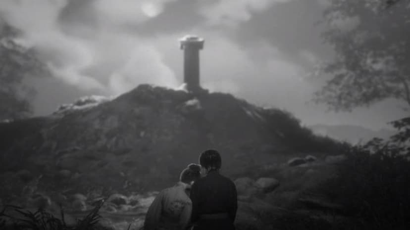 Two people in traditional robes look toward a tall pillar on a hill under a cloudy, textured grayscale sky.
