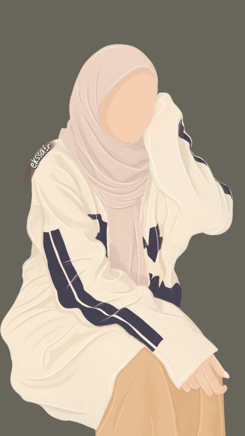 Muslim woman wearing a light pink hijab and a cream jacket with dark blue stripes against a plain background.
