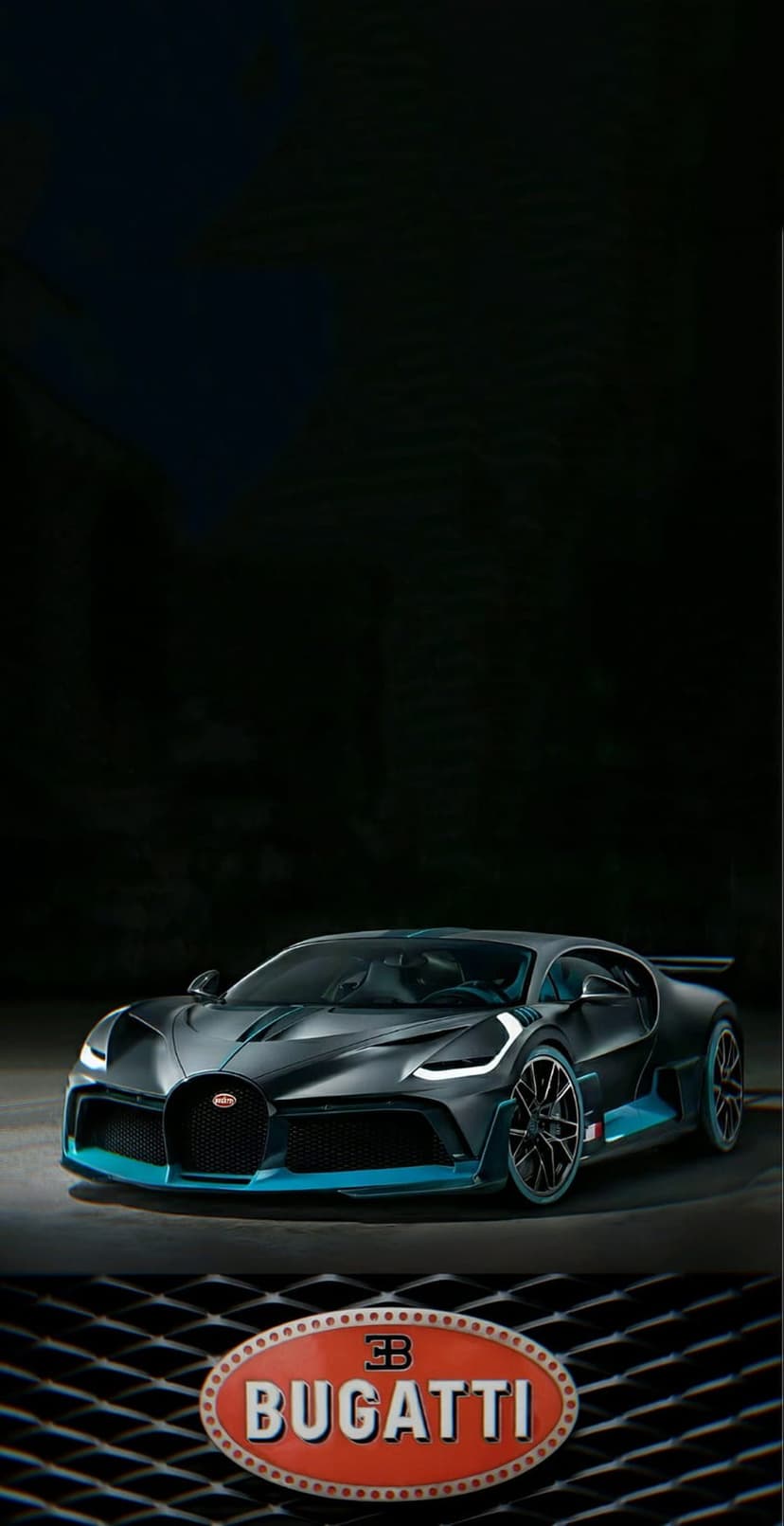 Bugatti Divo hypercar with blue accents parked in a dark studio under moody spotlighting and visible emblem.