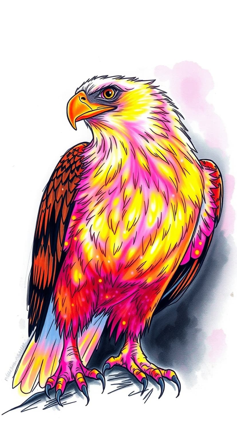 Phoenix eagle with glowing pink and orange feathers and sharp talons rises against a dark background.