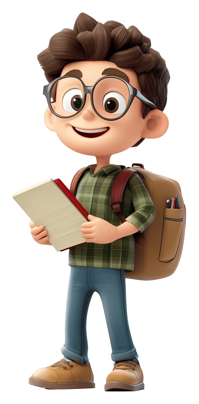 Student character holding a book wearing a yellow shirt and blue pants in a bright cartoon animation style.