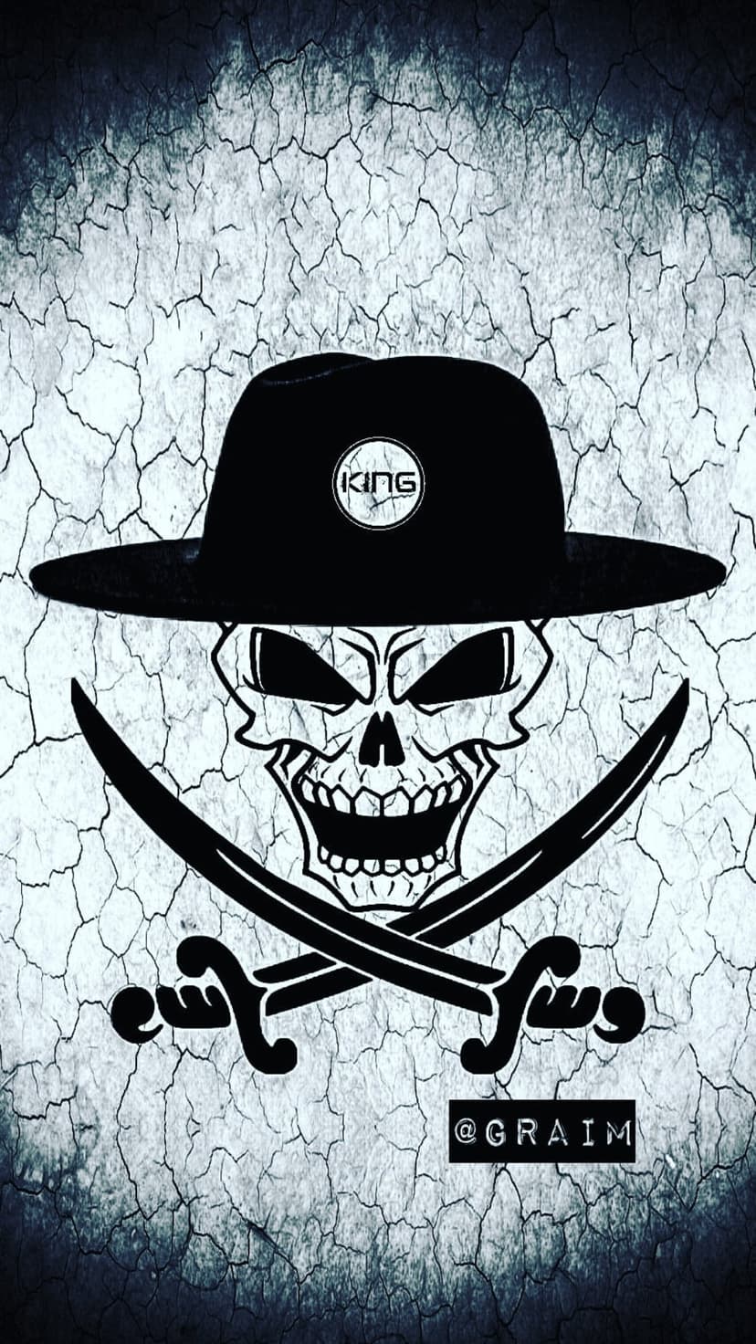 Pirate skull wearing a king hat above crossed swords set against a dark, heavily cracked and textured background.