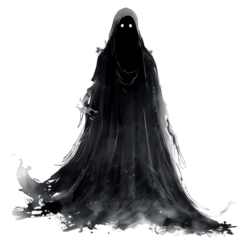 Hooded phantom illustration showing a dark cloaked figure with tattered edges against a transparent backdrop.