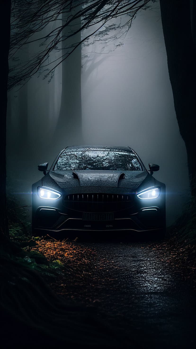 Dark luxury car with glowing headlights navigates a wet road through a foggy midnight forest with bare trees.