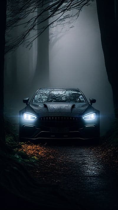 Dark Luxury Car in Foggy Forest at Night
