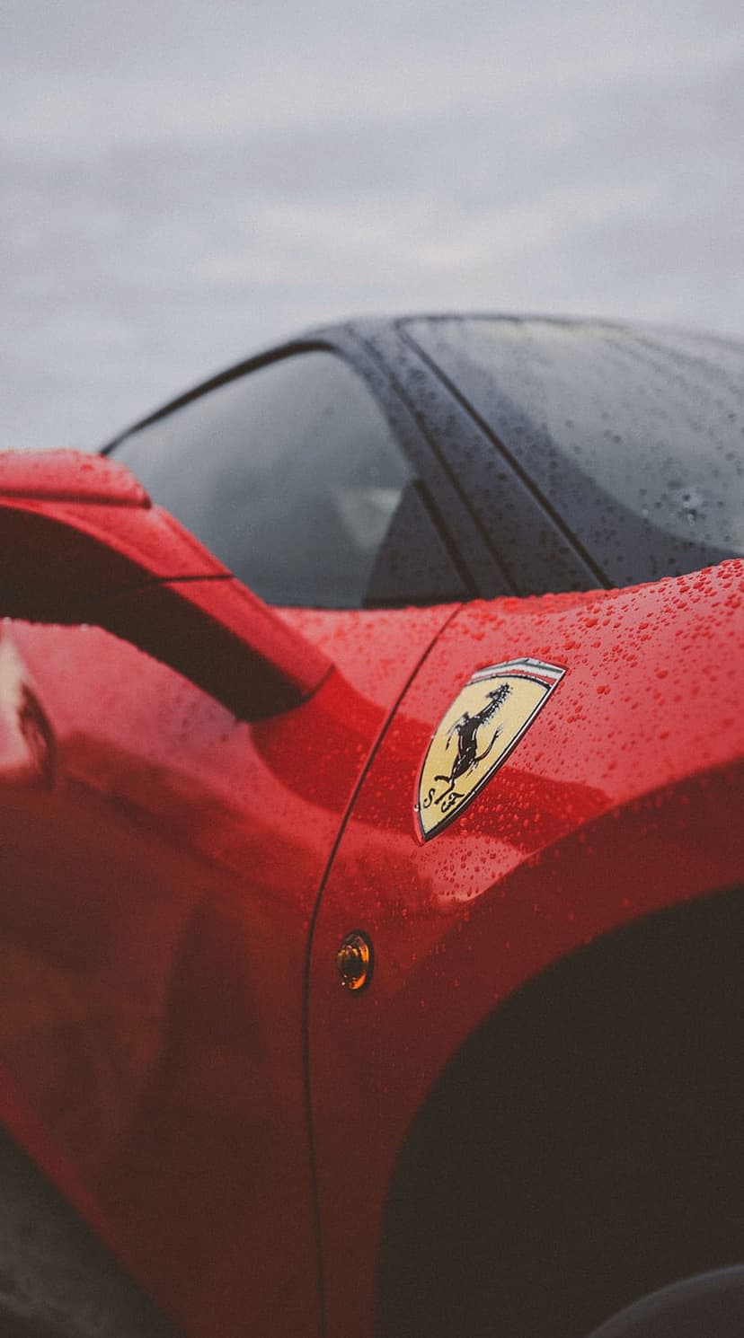 Red Ferrari hood with the yellow Prancing Horse emblem covered in small clear raindrops under cloudy light.