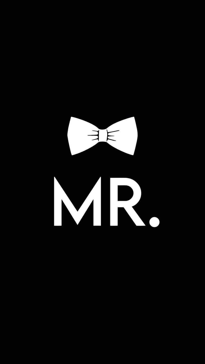 White bow tie and bold MR lettering centered on a solid black background with a clean minimalist aesthetic.