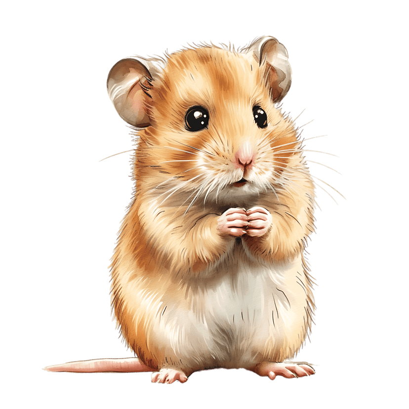 Golden hamster watercolor illustration seated against a black background with detailed fur and large dark eyes.