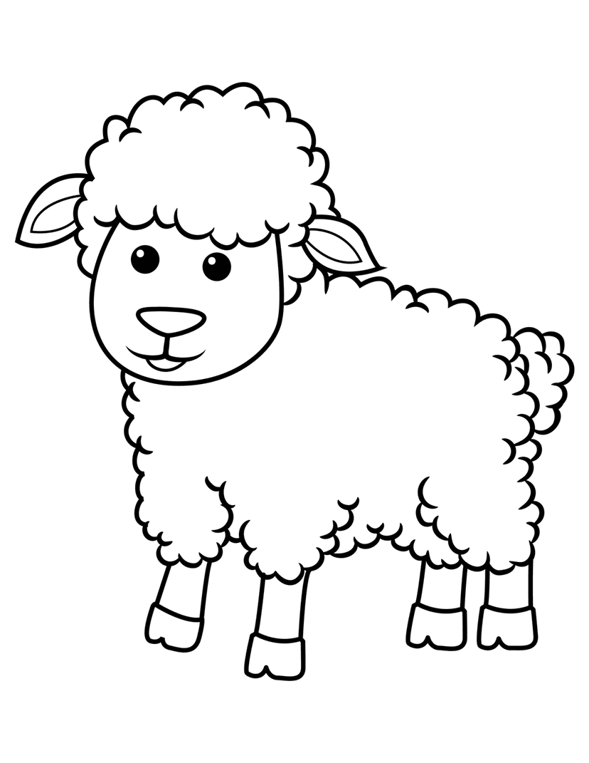 Sheep line art drawing featuring fluffy wool and large eyes centered on a plain white background for coloring.
