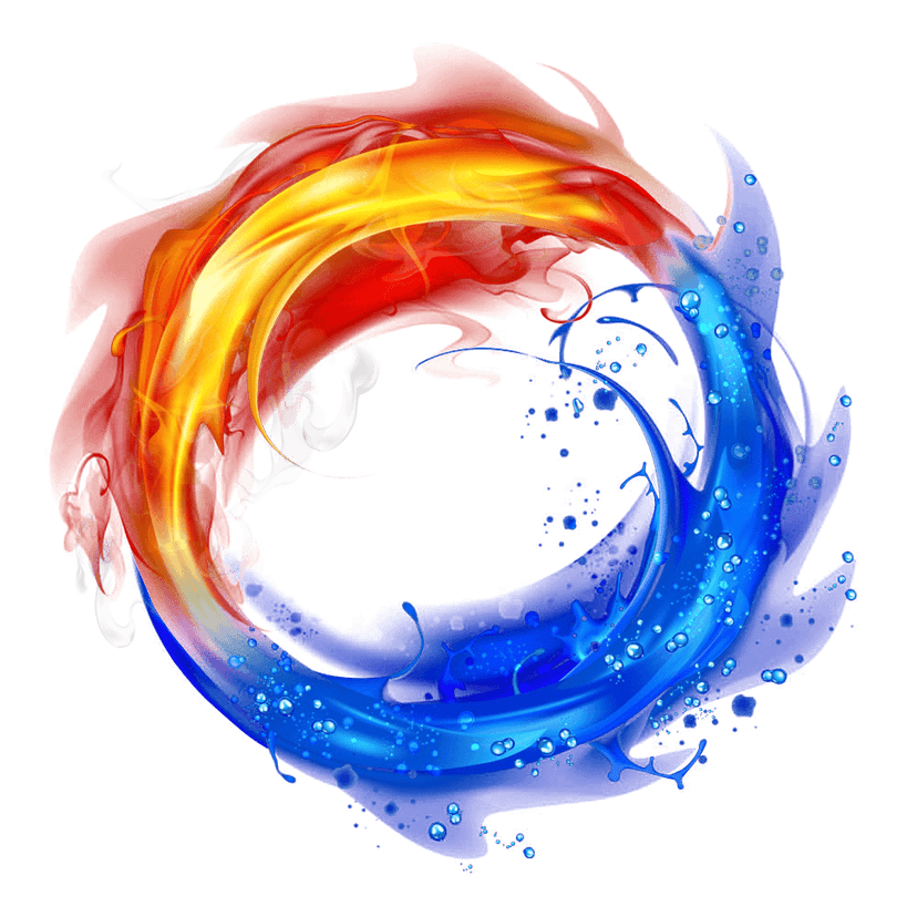 Yin yang fire water sphere illuminates a dark backdrop through swirling orange flames and blue liquid waves.