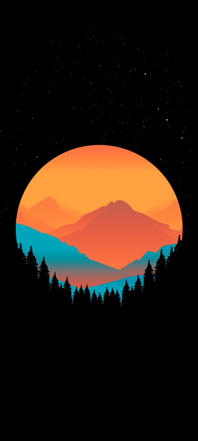 Glowing orange sun setting behind teal mountain peaks and silhouetted evergreen trees beneath a starry sky.