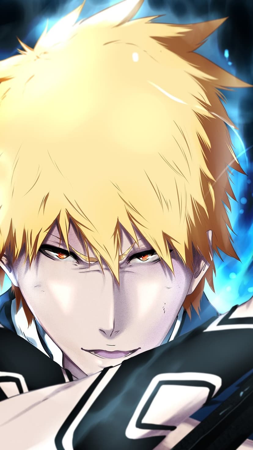 Ichigo Kurosaki with spiky orange hair and orange eyes surrounded by flickering blue spiritual energy sparks.