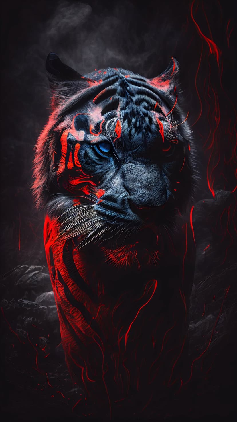 Black tiger with glowing red flame accents and piercing blue eyes stares forward through thick dark smoke.