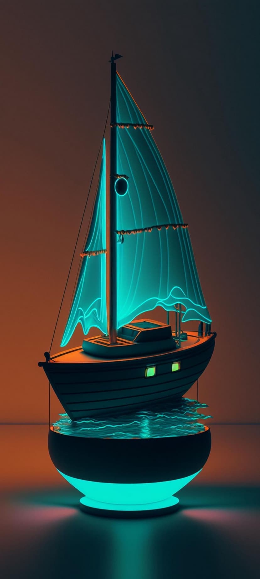 Turquoise sails glow on a stylized boat within a pool of radiant aqua light against a warm orange background.