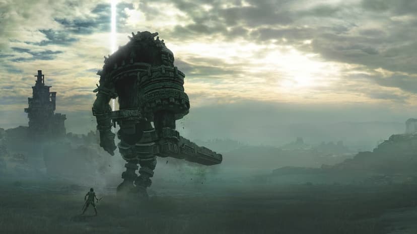 Small warrior facing a massive stone giant in a foggy field under a beam of light from a cloudy sky.