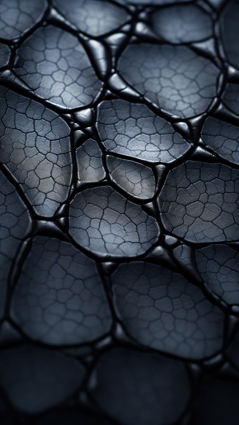 Dark hexagonal tiles featuring fine surface cracks and raised edges under dramatic macro lighting conditions.