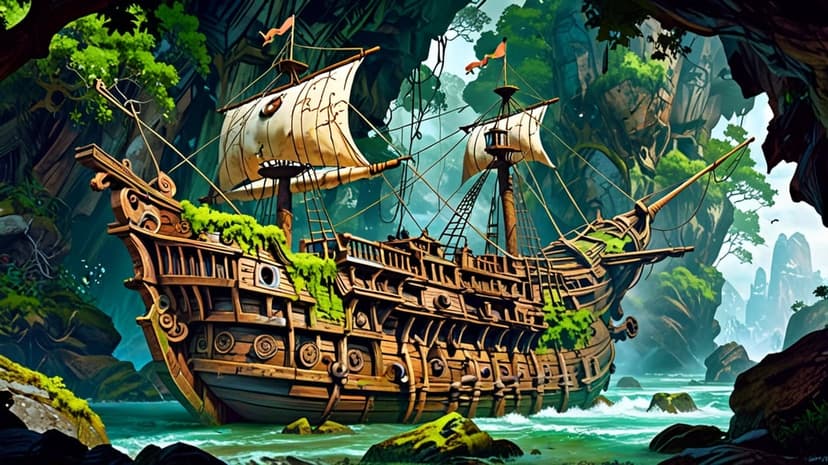 Moss-covered wooden galleon resting in a tropical jungle waterway with sun rays filtering through dense trees.