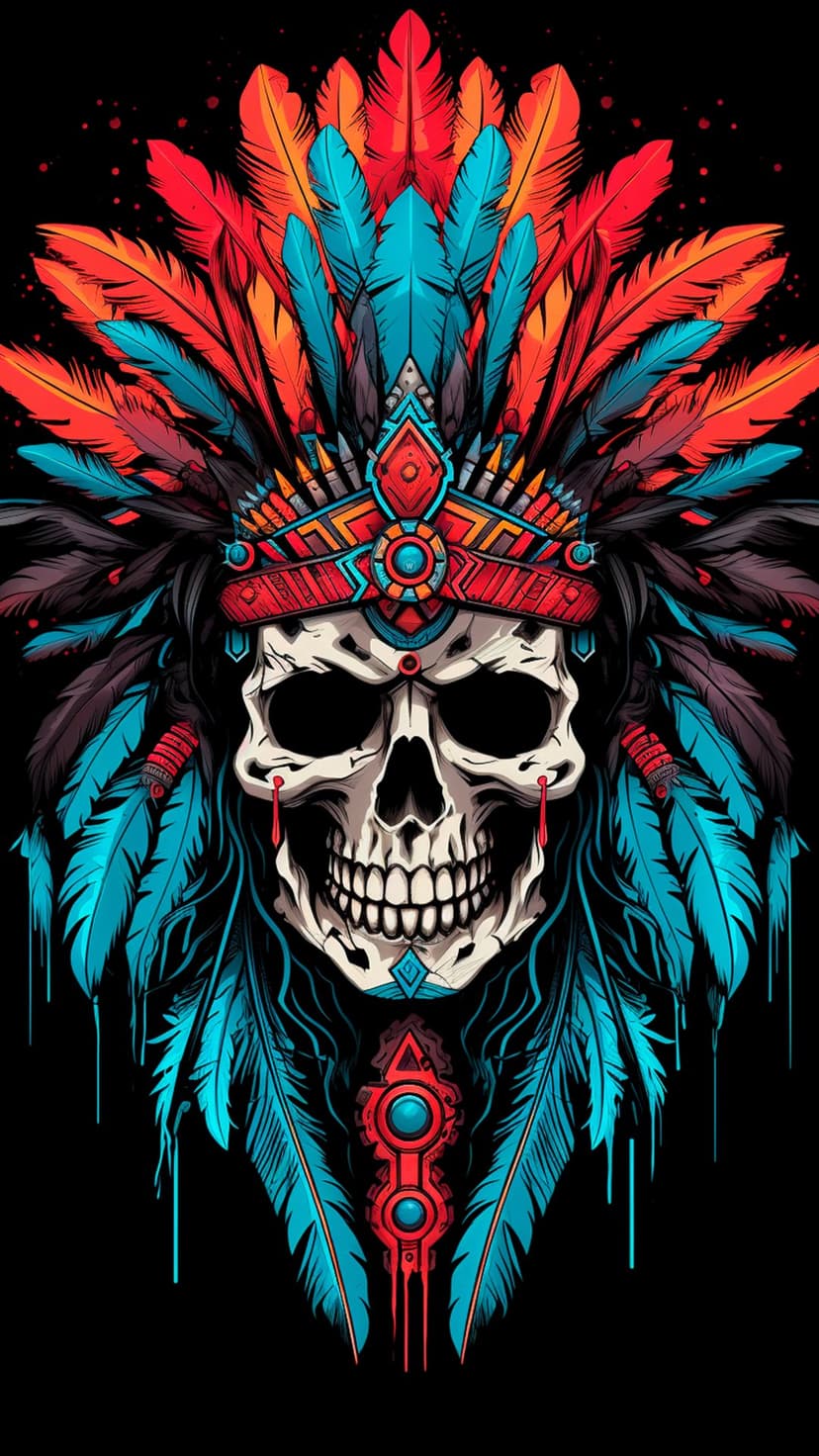 Human skull wearing a colorful feather headdress with turquoise and red paint drips against a black background.