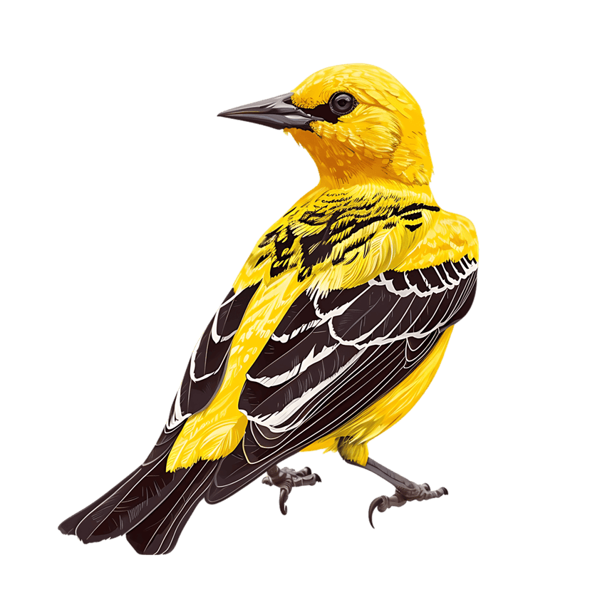 Golden oriole bird illustration shows a yellow avian profile with black wings perched on a dark background.