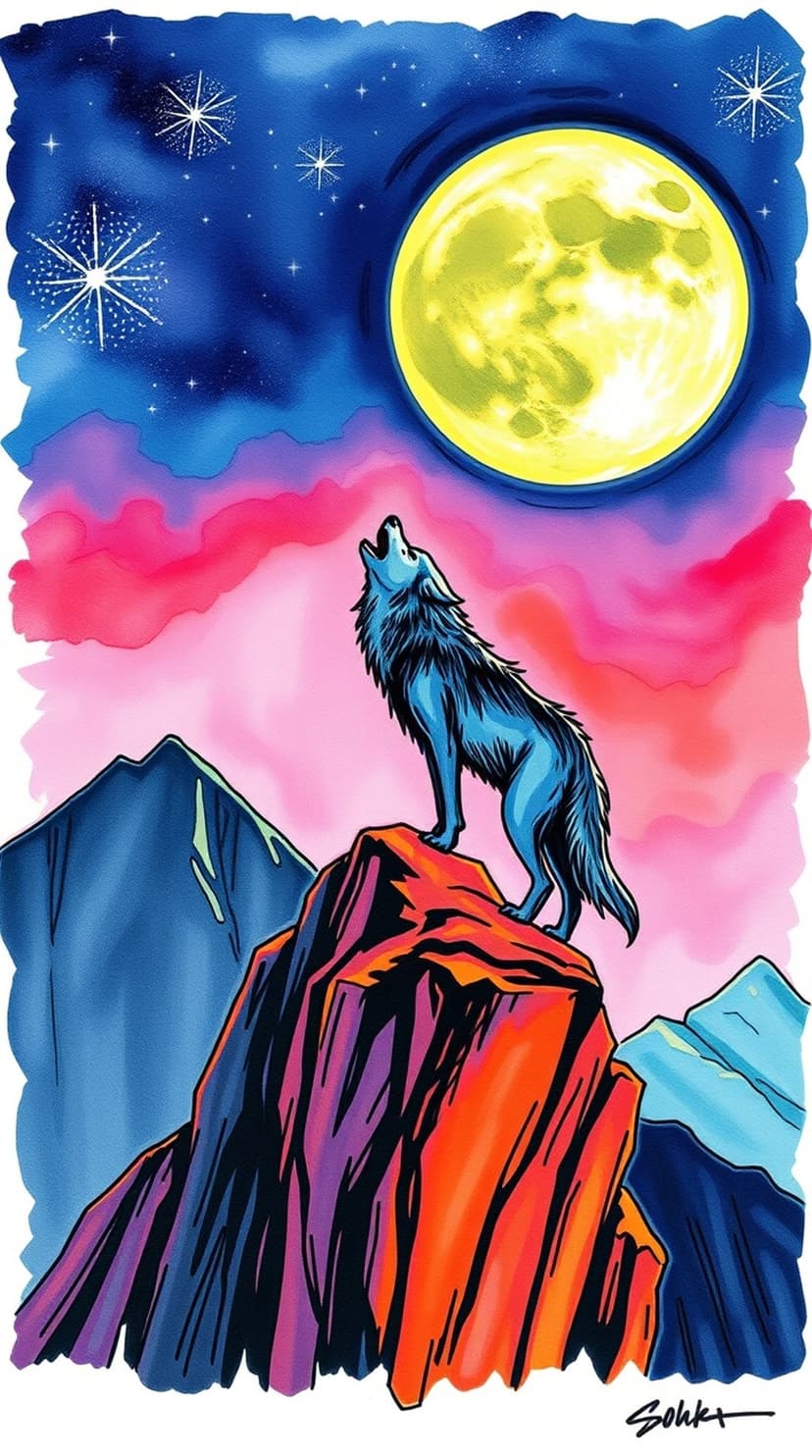 Blue wolf howls atop a jagged mountain peak against a massive yellow moon and shimmering purple starry sky.