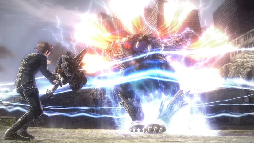 Warrior with a mechanical blade faces a massive glowing lion monster emitting blue lightning bolts in ruins.