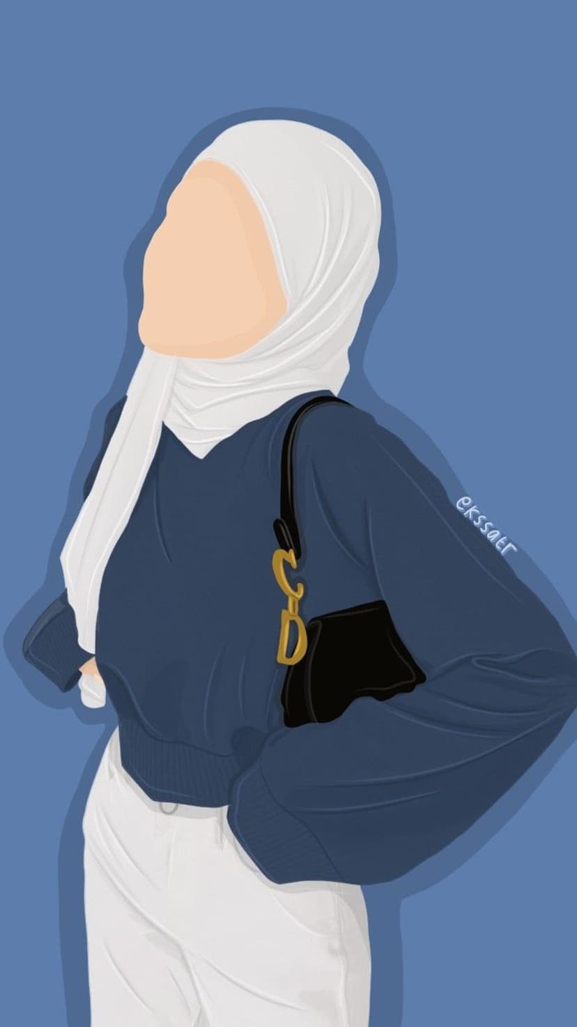 Woman wearing a white hijab, navy blue sweater, and white trousers holding a black purse against a blue background.