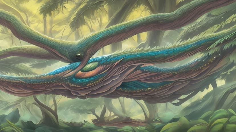 Dragon with blue and green scales camouflaged within gnarled tree roots and moss in a misty forest setting.