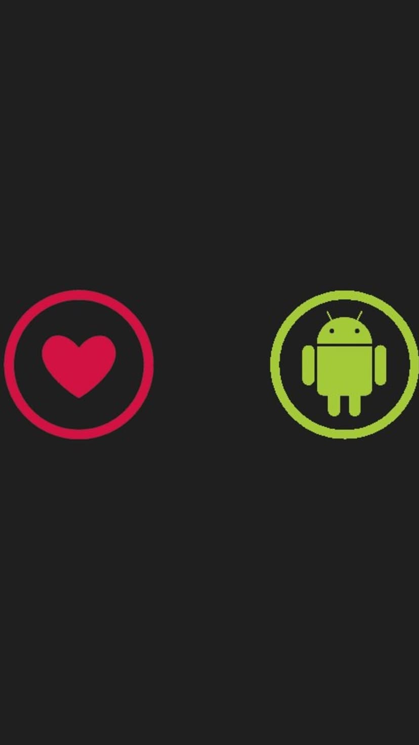 Red heart icon and green Android robot logo in circular frames against a solid black background.