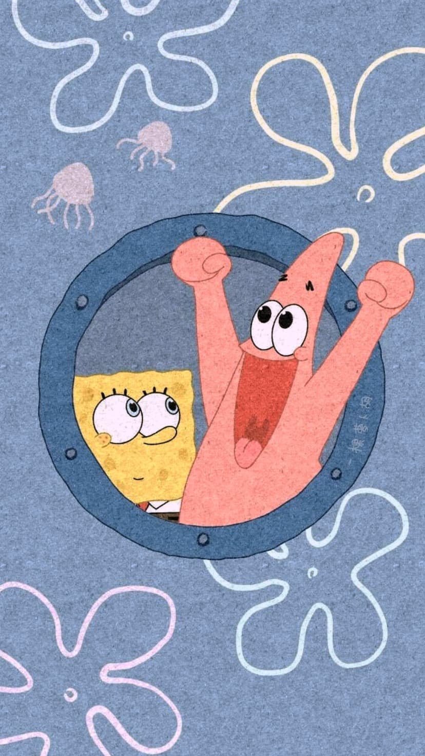 SpongeBob SquarePants and Patrick Star peer through a porthole window surrounded by jellyfish and sponges.