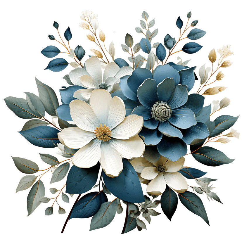 Blue and white flower bouquet featuring navy petals, cream-colored roses, and dark green leaves in a cluster.