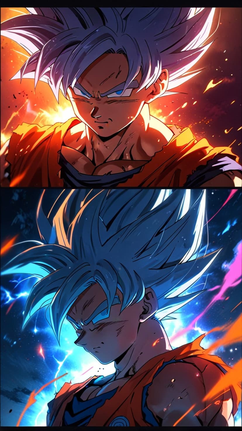 Goku displays a fiery orange aura and blue electric energy in two panels of a vertical anime phone background.