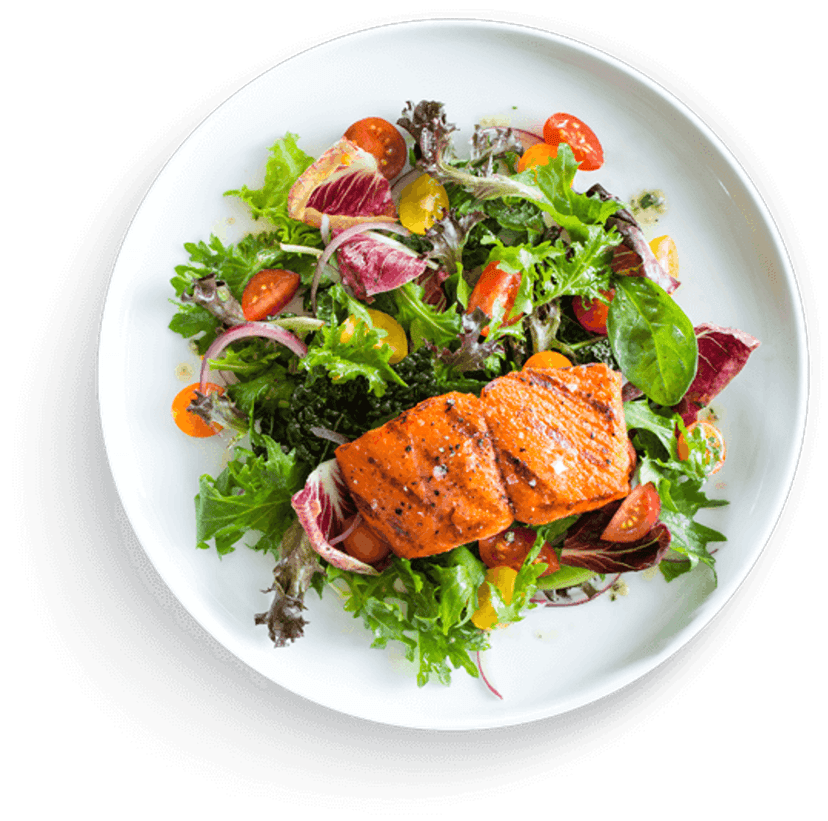 Burger and salmon salad plate featuring a sesame bun, grilled fish, and green leafy vegetables on a white dish.