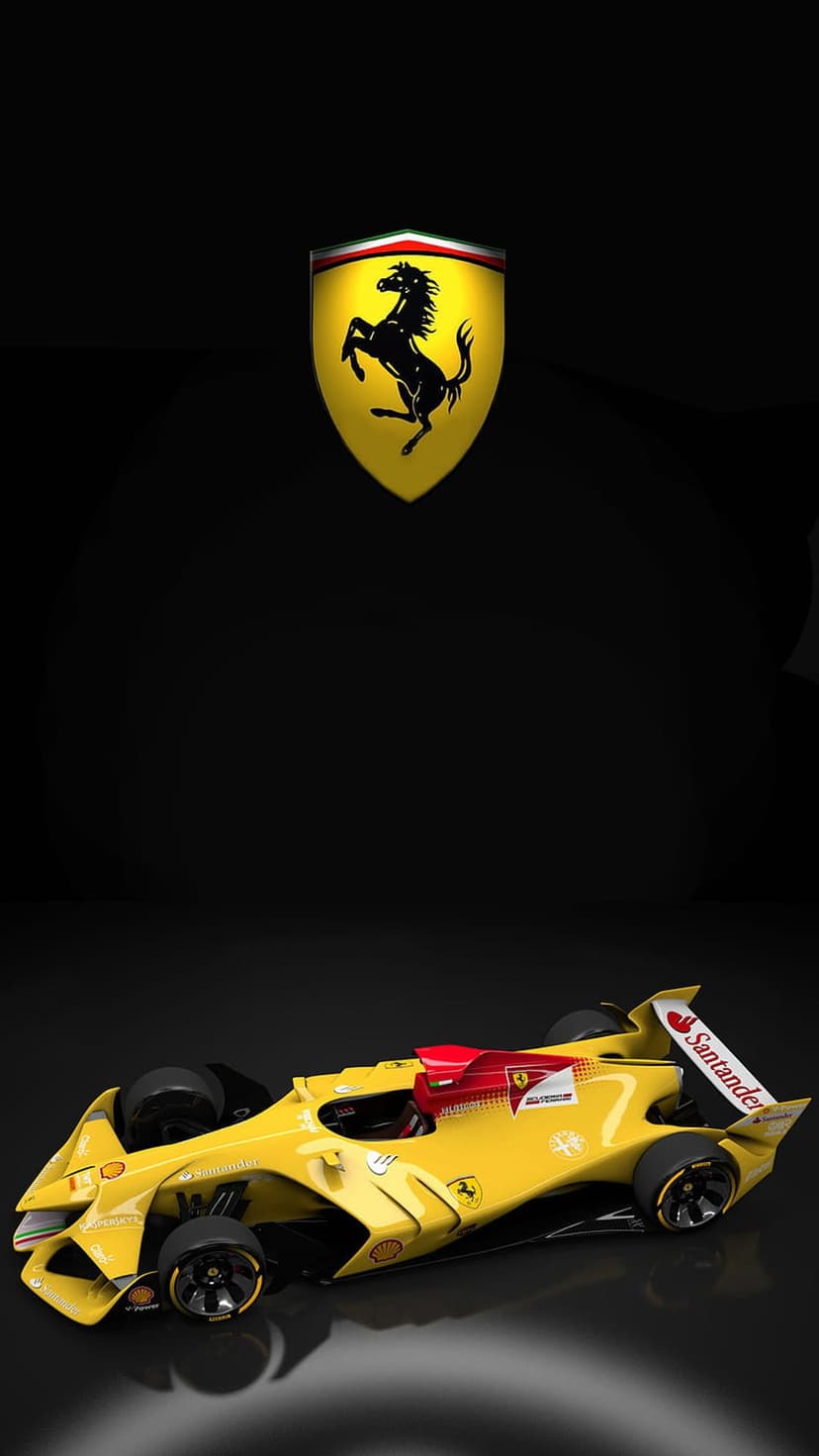 Yellow Ferrari Formula 1 car with a red cockpit and Santander logos positioned under a black prancing horse logo.