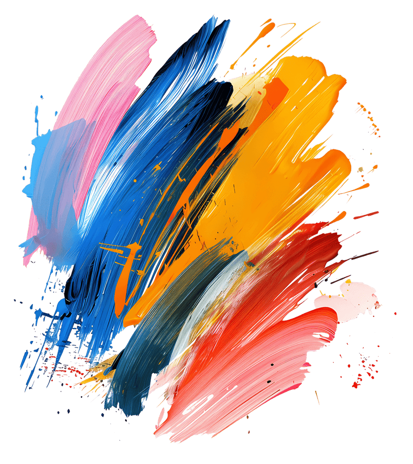 Multicolor paint brushstrokes feature thick acrylic textures and layered pigment splatters on a clean background.