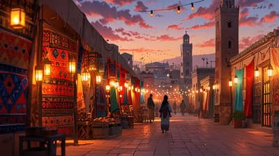 Moroccan Bazaar at Sunset: Vibrant Textiles and Warm Lanterns