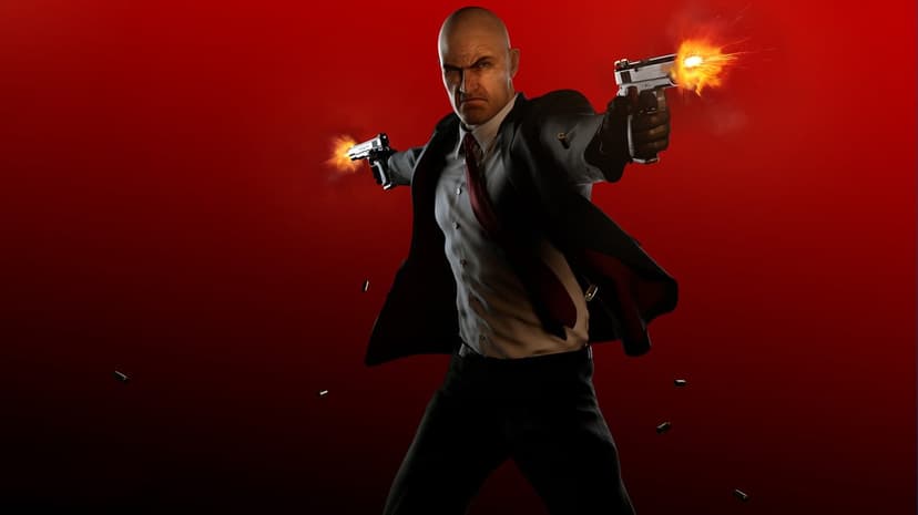 Bald assassin Agent 47 fires dual silver pistols with muzzle flashes against a solid red background.