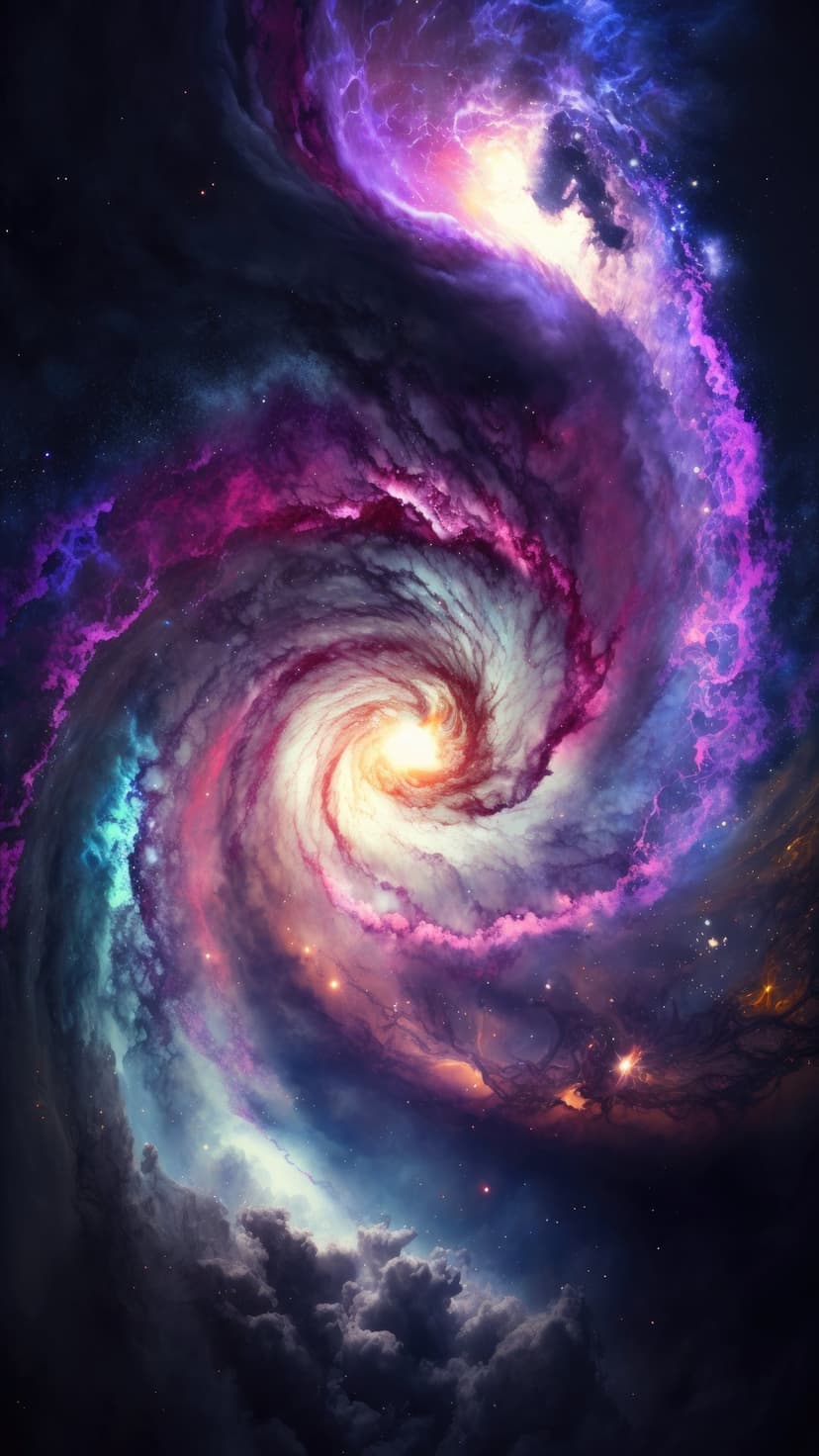 Swirling purple and pink spiral galaxy with a bright white core surrounded by twinkling stars and dark clouds.