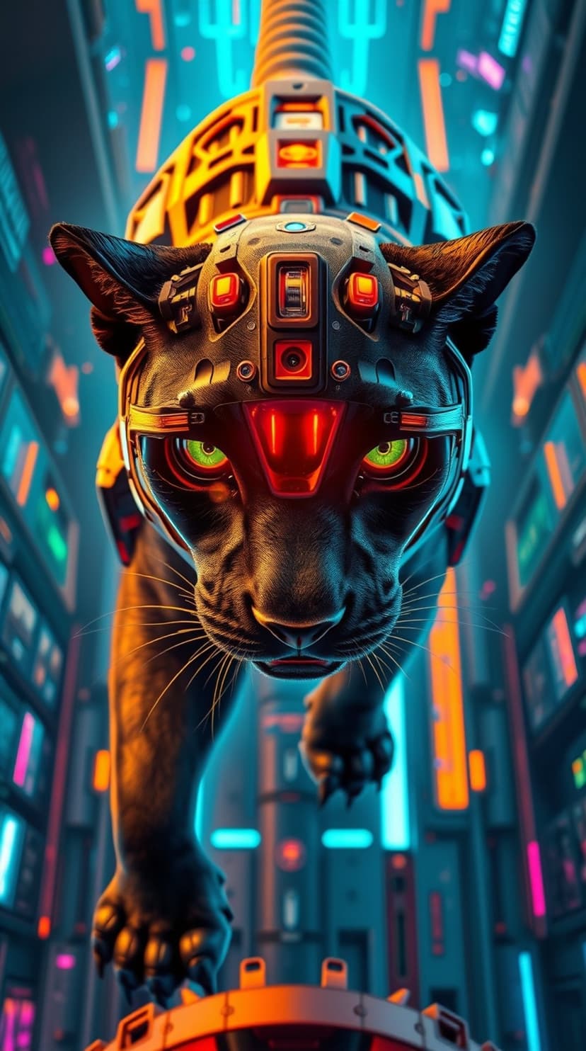 Black panther wearing a glowing green and red cybernetic visor walks through a neon cyberpunk city at night.