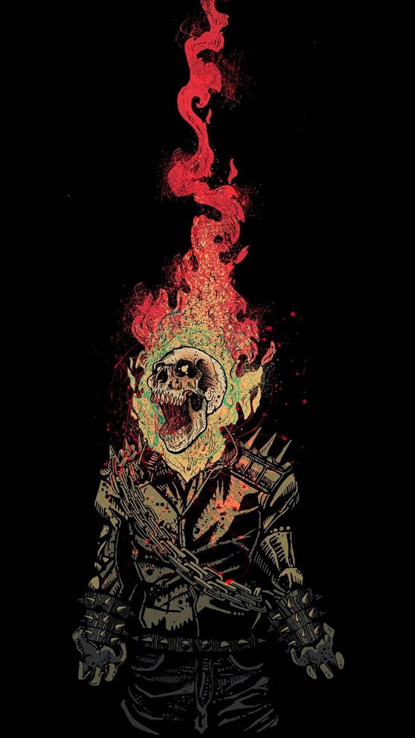 Flaming skull with orange fire hair wearing a spiked black leather motorcycle jacket and silver chains.