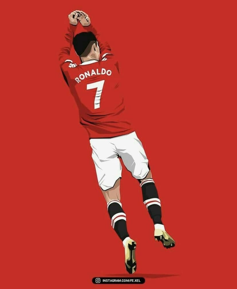 Cristiano Ronaldo jumps in celebration wearing a red number seven jersey and gold cleats on a red background.