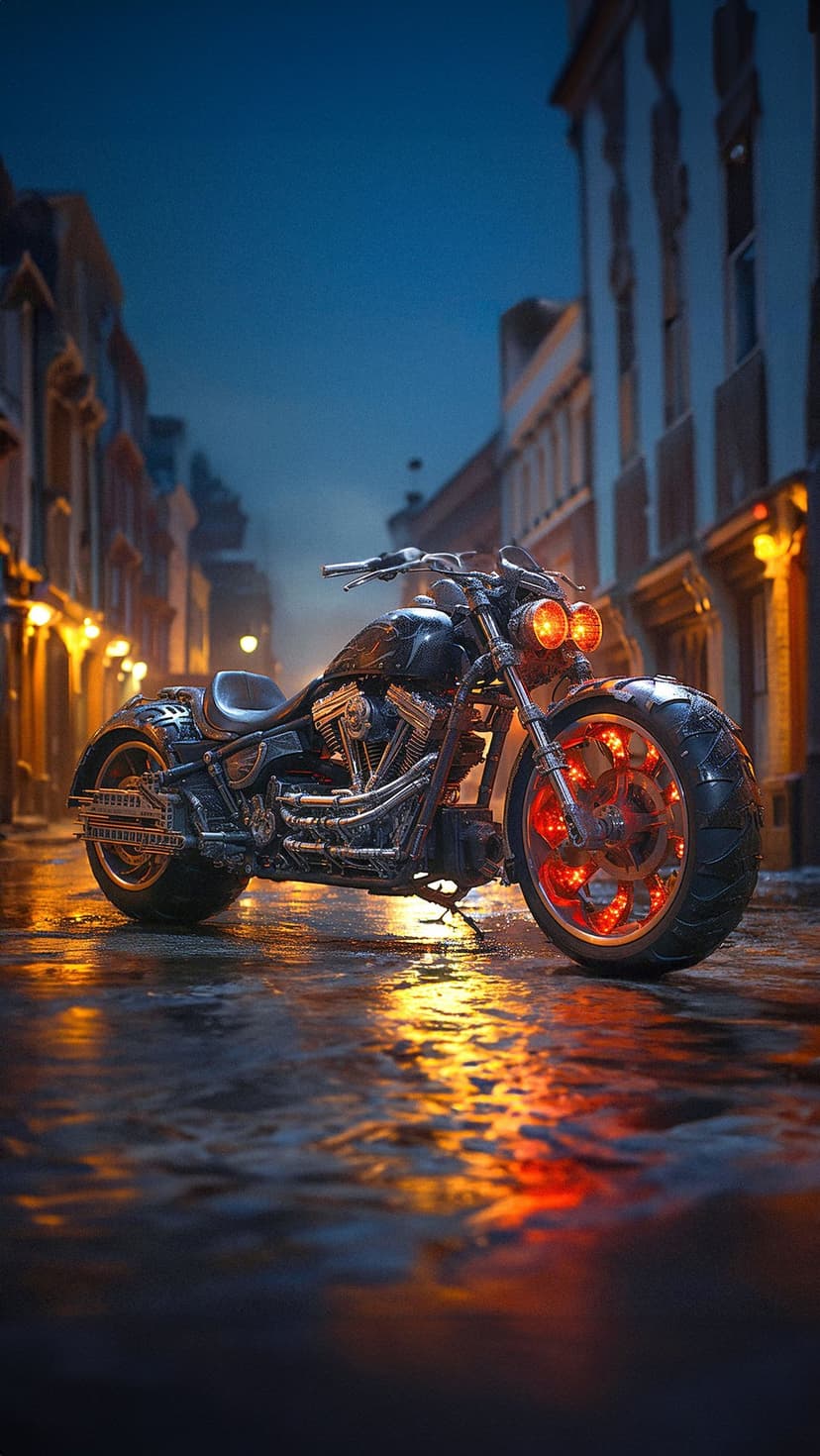 Custom chopper motorcycle with glowing orange wheels reflecting on wet dark asphalt during a rainy city night.
