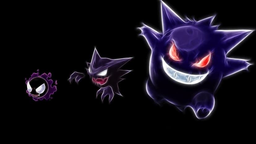Gastly Haunter and Gengar trio in a glowing fractal art style with purple outlines on a solid black background.