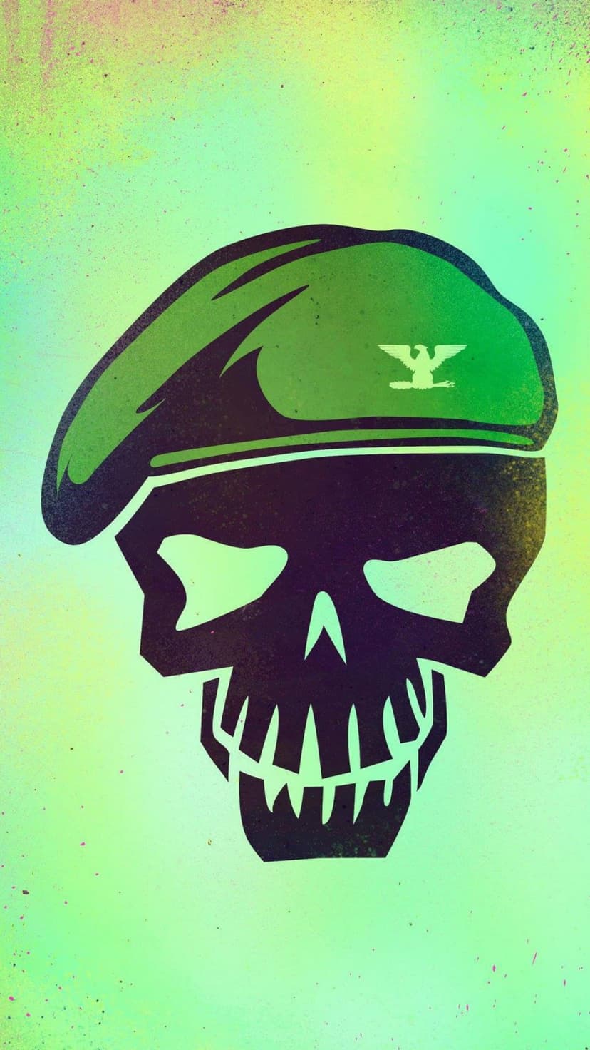 Menacing black skull wearing a lime green beret with a bird crest against a yellow and green textured background.