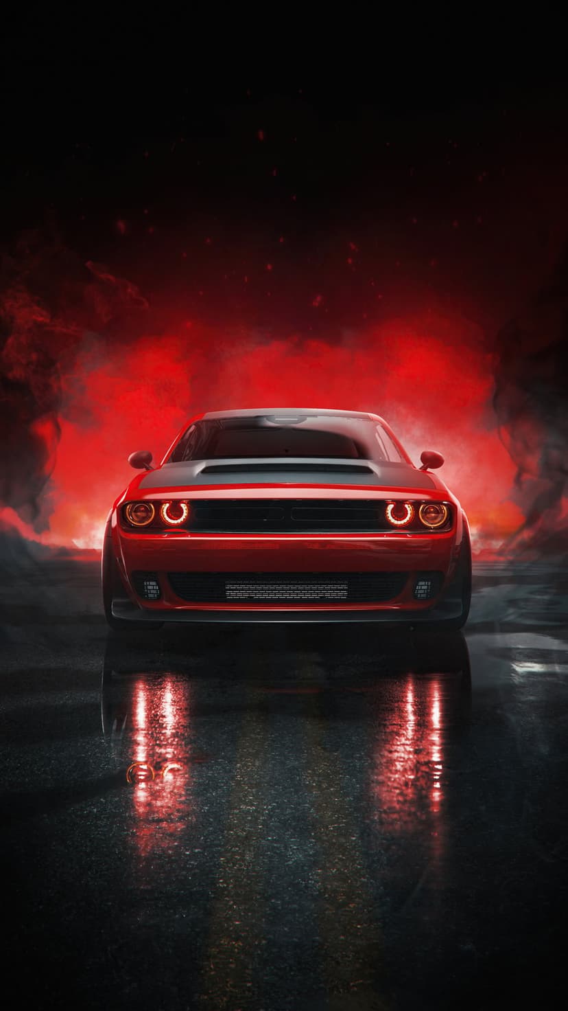 Red muscle car with glowing halo headlights on wet pavement under a dramatic red smoke-filled night sky.