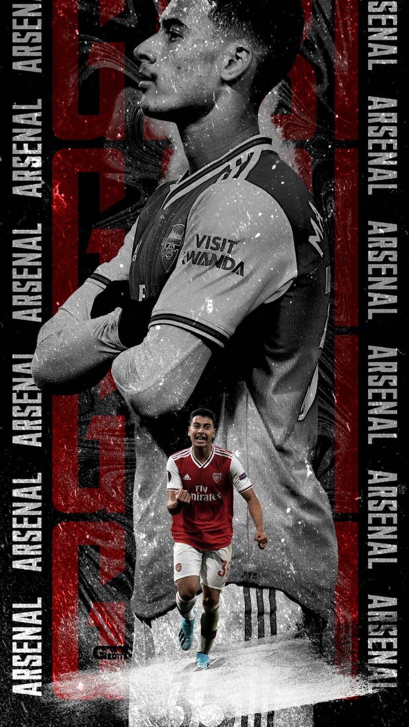 Arsenal football player in an action pose centered between repeating vertical text on a monochrome background.