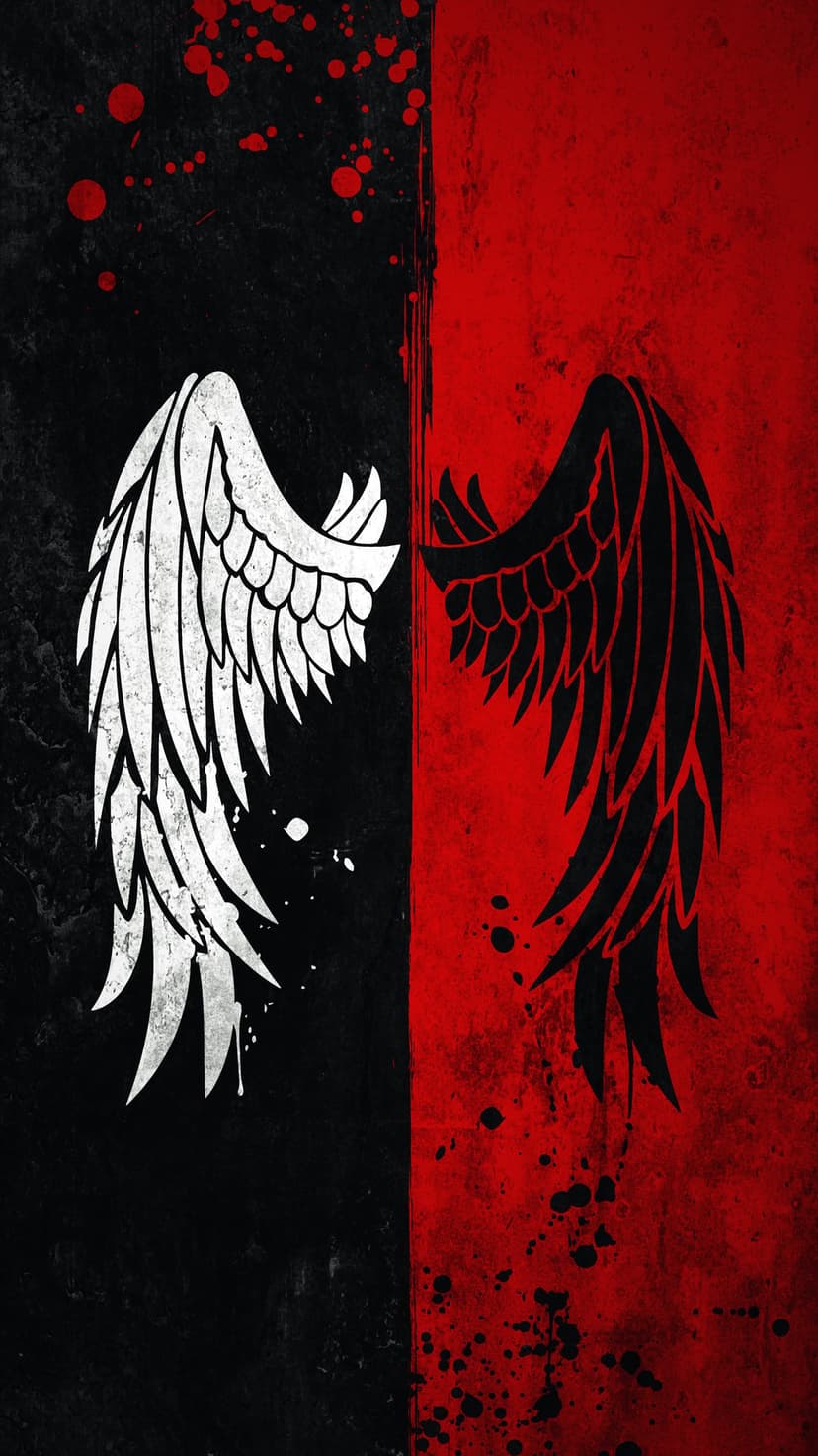 Angel wings split vertically showing white feathers on black and black feathers on a textured red background.