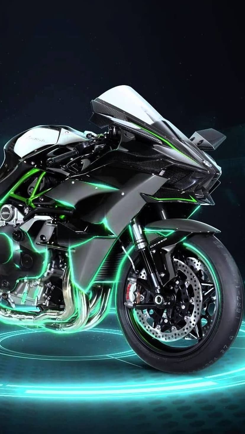 Kawasaki Ninja H2R motorcycle with neon green lighting on a dark floor with glowing circular patterns.