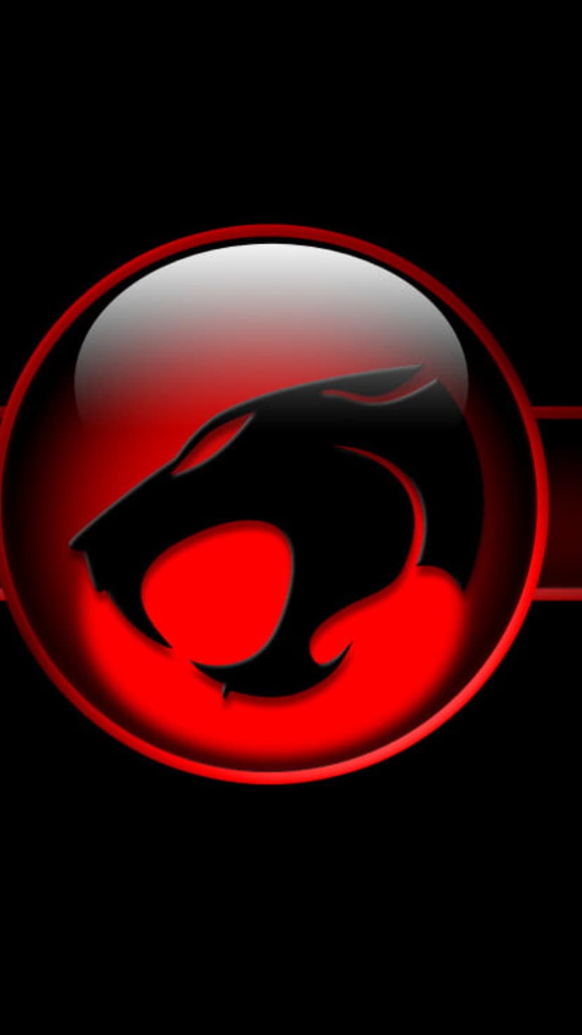 Black Thundercats feline silhouette inside a glossy red circle with glowing eyes over a dark striped background.