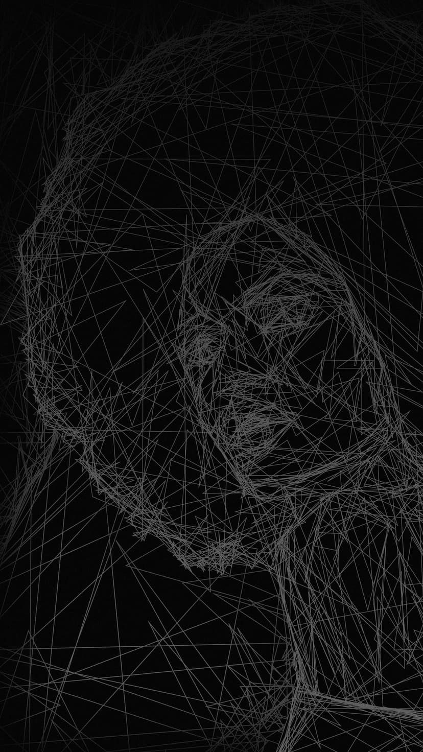 Woman's face depicted with thin white geometric lines intersecting over a solid black background for high contrast.