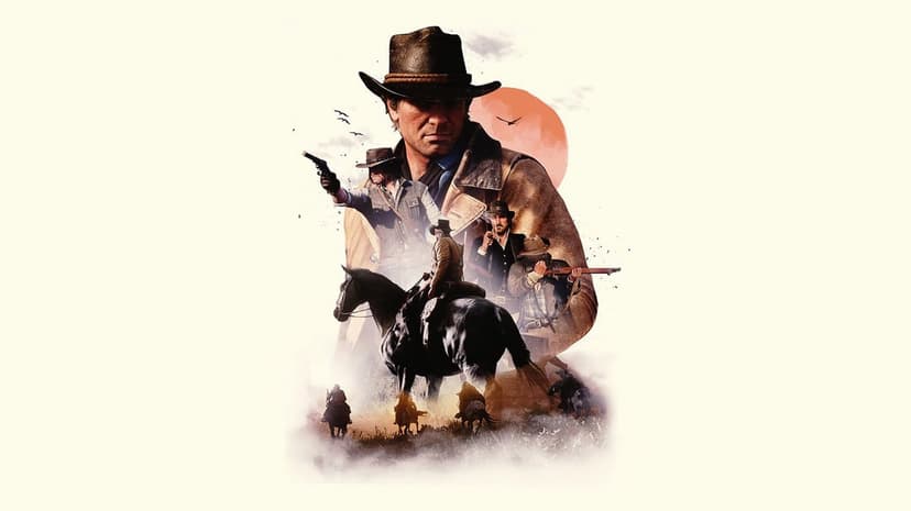 Arthur Morgan and Van der Linde gang members in a stylized western collage with a large sun on white background.